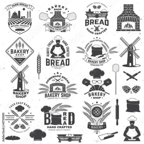 Fototapeta Set of Bakery shop badge. Vector Design with windmill, rolling pin, dough, wheat ears, old oven, wooden bread shovels silhouette. For restaurant, bakery identity objects, packaging menu