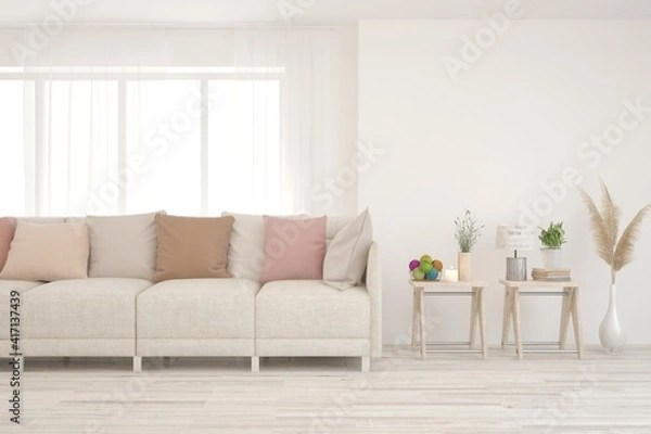 Fototapeta White living room with sofa. Scandinavian interior design. 3D illustration