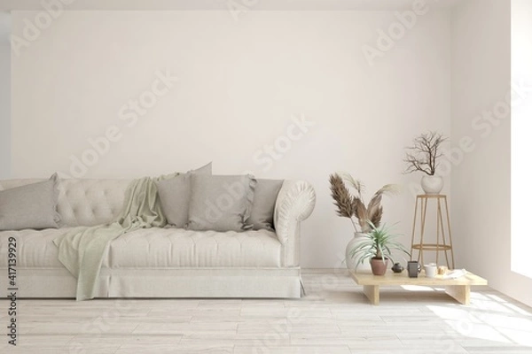 Fototapeta Stylish room in white color with sofa. Scandinavian interior design. 3D illustration