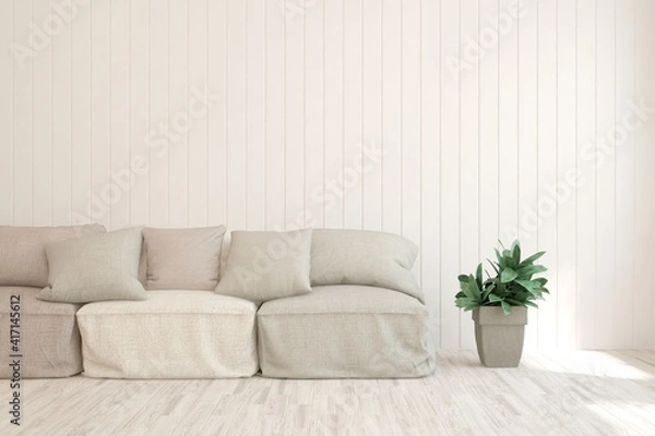 Fototapeta Stylish room in white color with sofa. Scandinavian interior design. 3D illustration