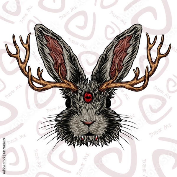 Fototapeta Fantasy rabbit with horns and fangs. Original vector illustration