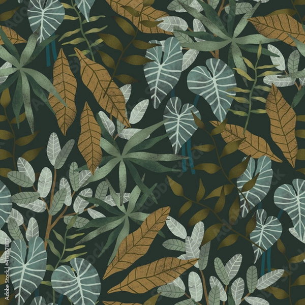 Fototapeta Tropical print. Seamless pattern with hand drawn exotic leaves and trees on a dark background