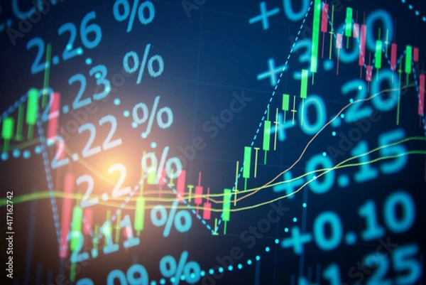 Fototapeta Candlestick chart in financial stock market on digital number background. Forex trading graphic design and Stock market trading trend as concept.