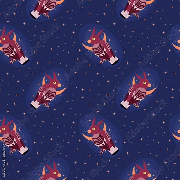 Fototapeta Owls, stars and crescent moons seamless pattern