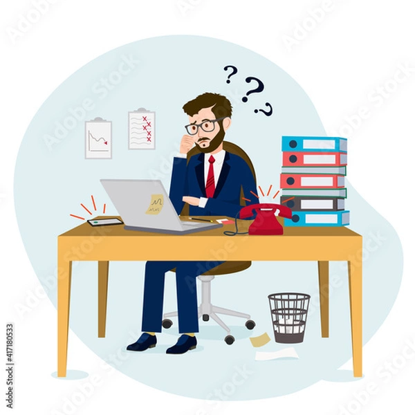 Obraz A person in a state of stress. Vector image of an office worker who does not know the solution to his problems. Illustration for animation. All the details are on separate layers. Editable strokes
