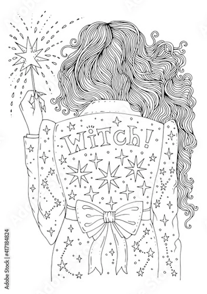 Fototapeta Vector hand drawn coloring page modern city witch back in a jacket with stars. Woman sorceress with long wavy hair holds a shining magic stick in her hand. Decorated graphic  illustration 
