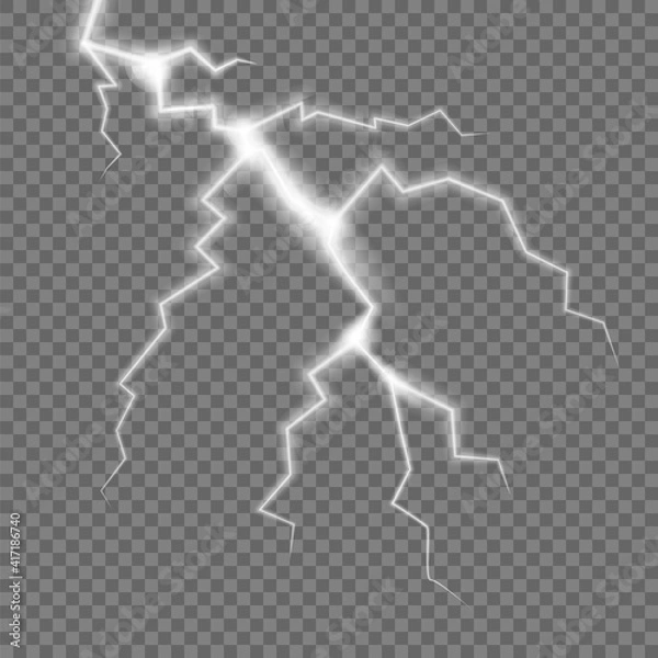 Fototapeta Realistic electric lightning, abstract thunderstorm. Lightning shock isolated on transparent background. Vector illustration.