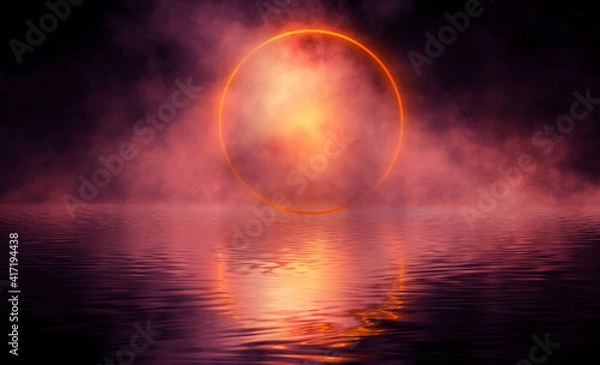 Fototapeta Futuristic abstract empty scene with smoke and neon circle, reflection in water, neon light. Night view. 3D illustration. 