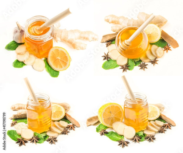 Fototapeta Set of Glass jar of honey with ginger, mint and lemon isolated on a white background