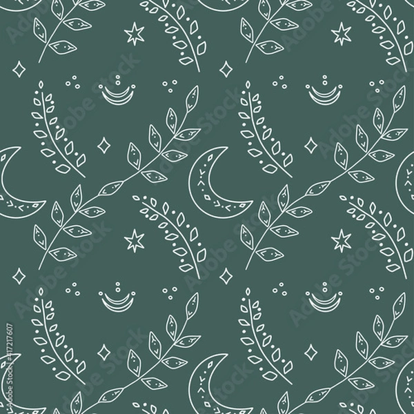 Fototapeta Esoteric signs and symbols. Vector seamless pattern. Branch and crescent