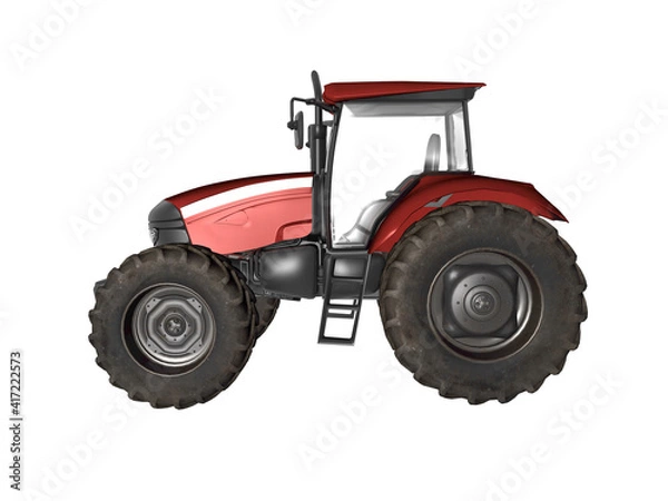 Fototapeta Red tractor isolated on white background. 3D rendered image