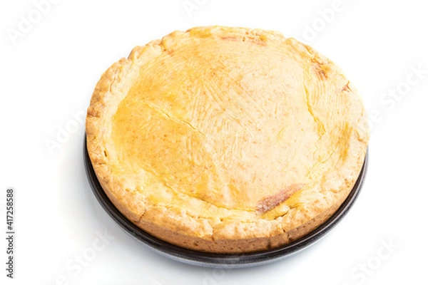 Fototapeta Autumn onion pie and cup of coffee isolated on white background. Side view.