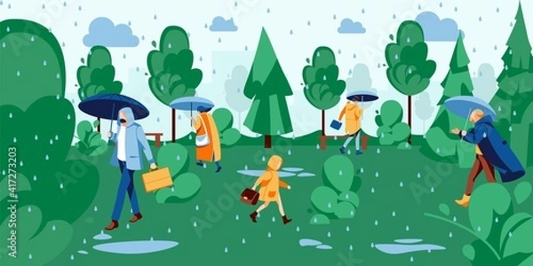 Fototapeta People walking in park under rain. Men, women and children walking with umbrellas dressed in raincoats at rainy day. Spring or summer season concept cartoon vector illustration