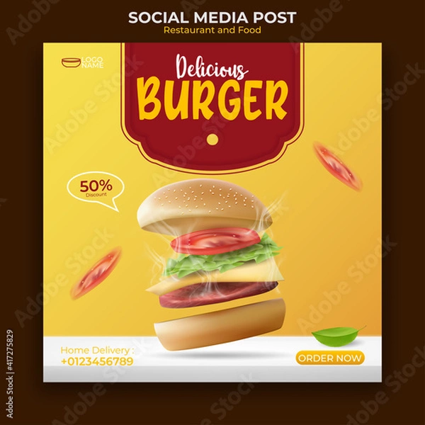Obraz food and restaurant menu banner social media post. editable social media template for promotion. illustration vector with realistic burger