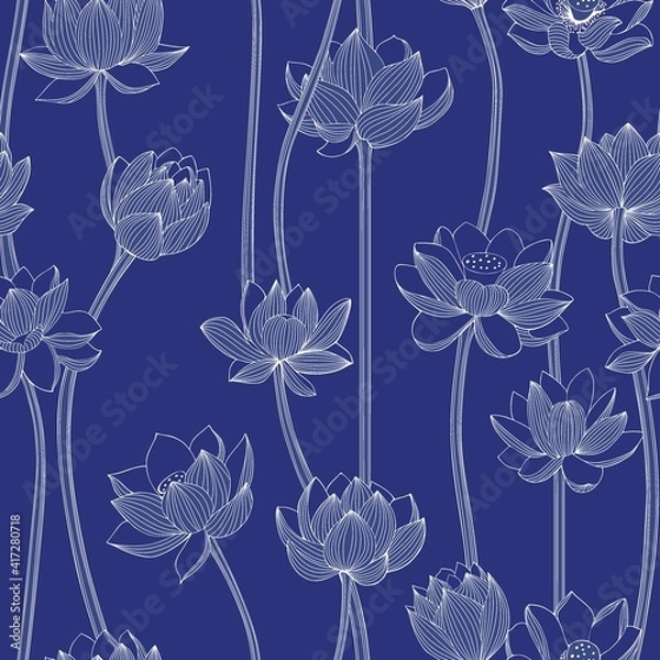 Obraz Blue depth background with lotuses. Seamless vector pattern