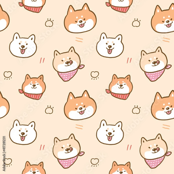 Fototapeta Seamless Pattern with Cute Shiba Inu Dog Face Illustration Design on Beige Color Background