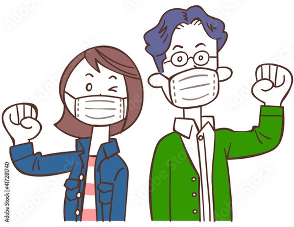 Fototapeta マスクを着けてガッツポーズするカジュアルな服装の若い男女
