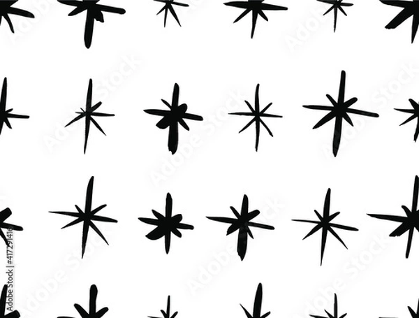 Obraz Vector art illustration grunge stars. Set of hand drawn paint object snowflakes for design.  Black and white  shine background. Abstract brush drawing