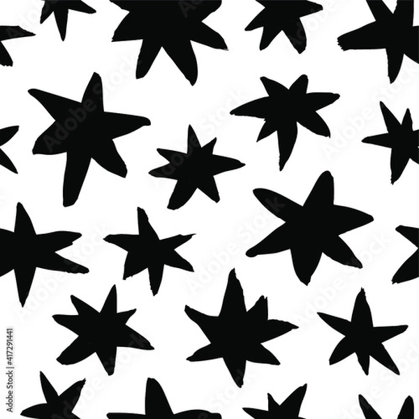 Obraz Vector art illustration grunge stars. Set of hand drawn paint object snowflakes for design.  Black and white  shine background. Abstract brush drawing