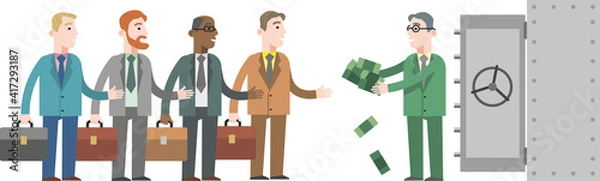 Fototapeta A group of men in a suit, tie with a briefcase came to take out a loan. International Monetary Fund. Flat infographics. Vector illustration.