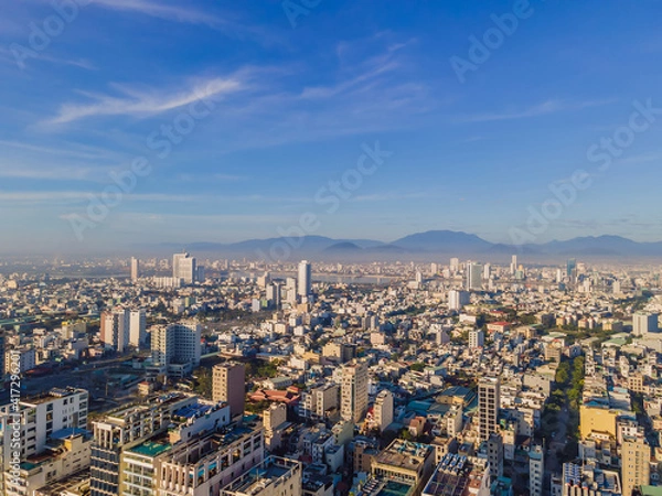 Fototapeta Beautiful My Khe beach from drone in Da Nang, Vietnam, street and buildings near the Central beach and the sea. Photo from a drone