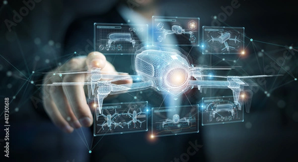 Fototapeta Businessman holding and touching holographic drone projection in his fingers 3D rendering