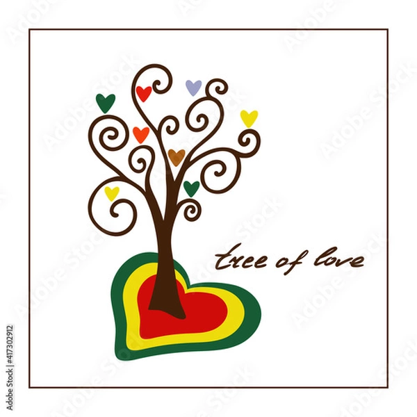 Fototapeta The tree of love. Vector card, a tree growing from a multi-colored heart with hearts instead of leaves. With an inscription on a transparent background.