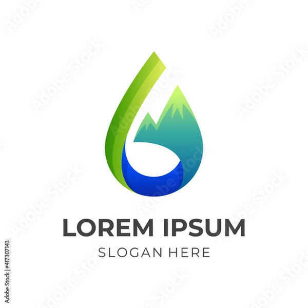 Fototapeta water mountain logo, water and mountain, combination logo with 3d green and blue color style