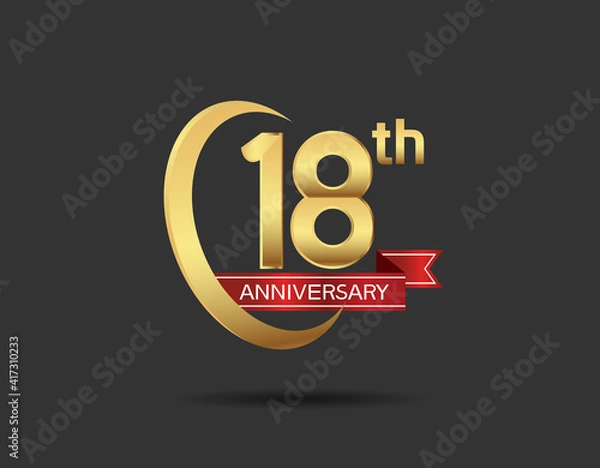 Fototapeta 18 years anniversary logo style with swoosh ring golden color and red ribbon isolated on black background for company celebration