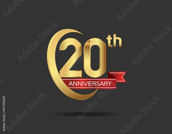 Fototapeta 20 years anniversary logo style with swoosh ring golden color and red ribbon isolated on black background for company celebration