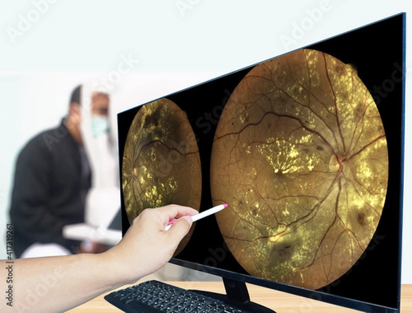 Obraz Fundus photography Madical Retina both eye Abnormal isolated on white background.Retina of diabetes check up medical healthcare and technology concept.