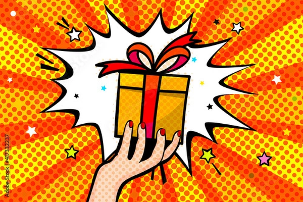 Fototapeta Yellow Gift box with red bow in pop art style. Greeting card