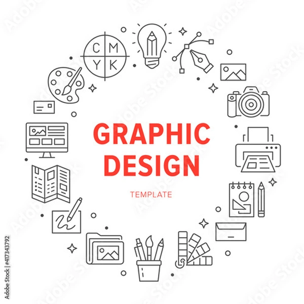 Fototapeta Graphic design circle poster with line icons. Vector illustration included icon as bulp, pencil, paintbrush, palette, cmyk, photo camera outline pictogram for drawing typography flyer or brochure