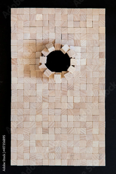 Obraz Front wood surface with a round hole. 
2D wooden surfaces become 3D sculptures.
End Grain, Edge Grain, Face Grain.
Stirnholz fläche mit rundem Loch. 
2D Holzfläche wird zu 3D Skulptur.