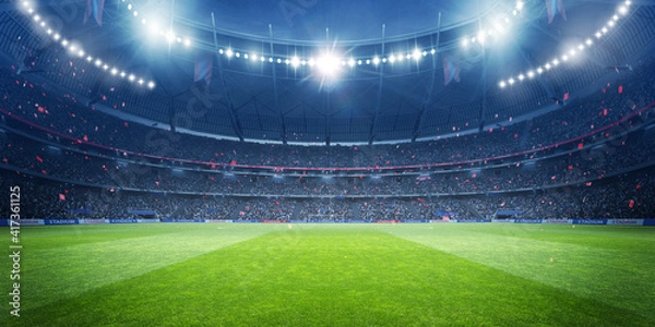 Obraz Stadion piłkarski w nocy. Wyimaginowany stadion jest modelowany i renderowany.