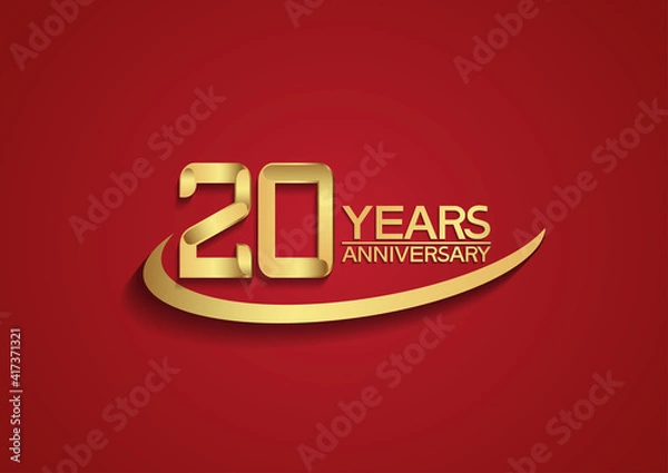 Fototapeta 20 years anniversary logo style with swoosh golden color isolated on red background for celebration moment