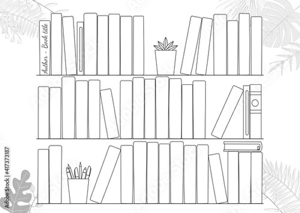 Obraz Printable A4 paper sheet with bookshelves and books on background with tropical leaves. Minimalist planner of reading for journal page, habit tracker, daily planner template, blank for notebook.
