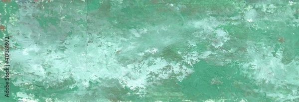 Obraz Abstract Background in green cold shades, painted with a brush and palette knife with oil paints. Textured, textured. Emerald, gray and white shades. Horizontal, elongated format.