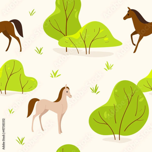 Obraz Cartoon seamless flat pattern with animal -  cute horses in forest. Illustration in colorful style.