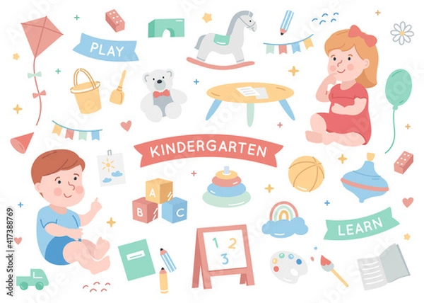 Fototapeta Kindergarten elements set with cute girl and boy.