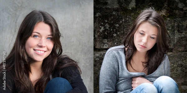 Fototapeta Two portraits of the same young woman, emotion concept, right photo: sad and depressed, left photo: positive and happy