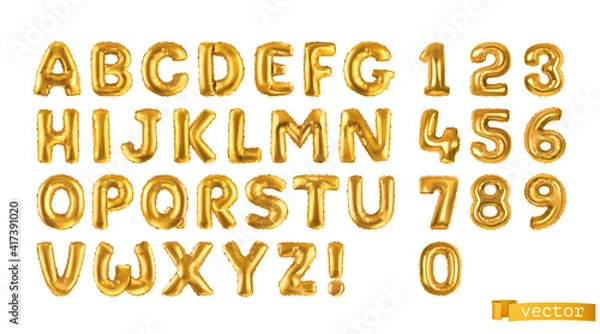 Fototapeta Gold balloons, alphabet letters and numbers. 3d vector realistic symbols. Festive decorations set