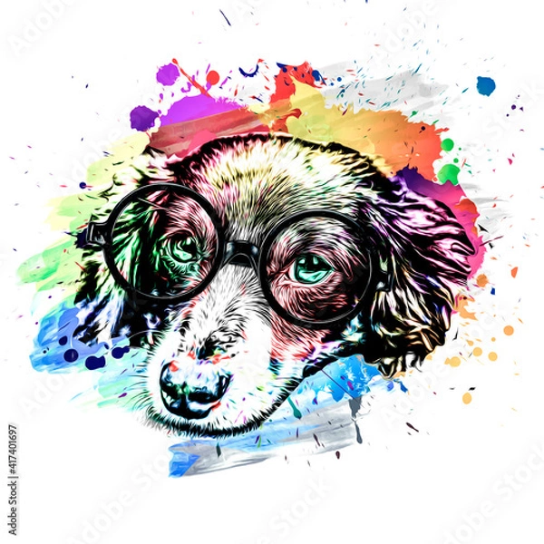 Fototapeta dog head with stylish sunglasses and creative abstract elements isolated on white background, close view 