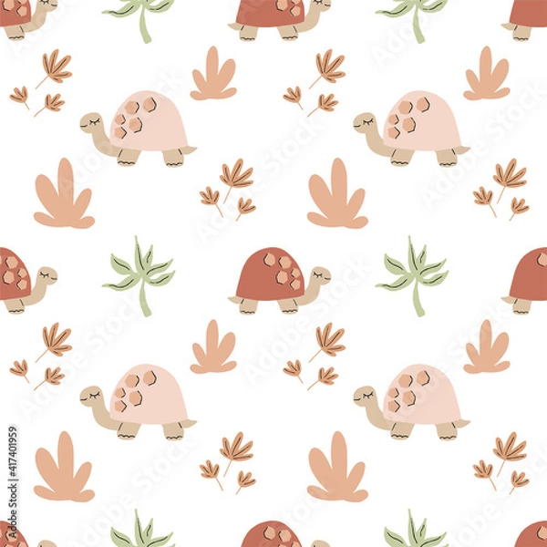 Fototapeta Cute funny safari seamless vector pattern with turtle and floral elements. Infantile style nursery art with pink turtle ideal for Fabric, Textile. Hand drawn modern illustration in Boho colors.