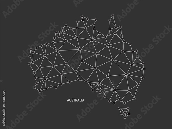 Fototapeta Australia Map Point scales on black background. Wire frame polygonal network white line, dot and shadow dot.