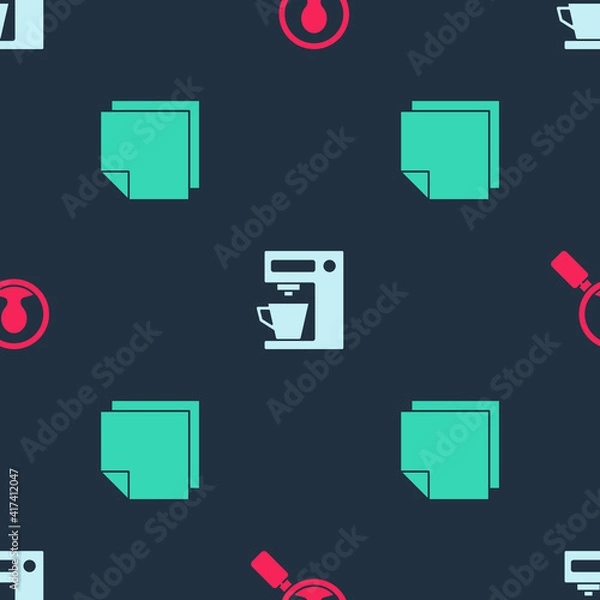 Fototapeta Set Magnifying glass for search people, Coffee machine and Post note stickers on seamless pattern. Vector.