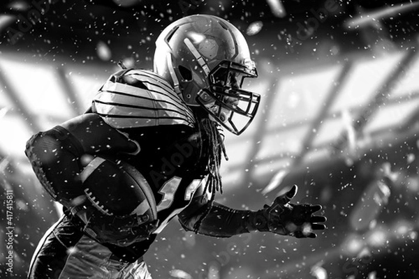 Fototapeta American football player. Sportsman with ball in helmet on stadium in action.