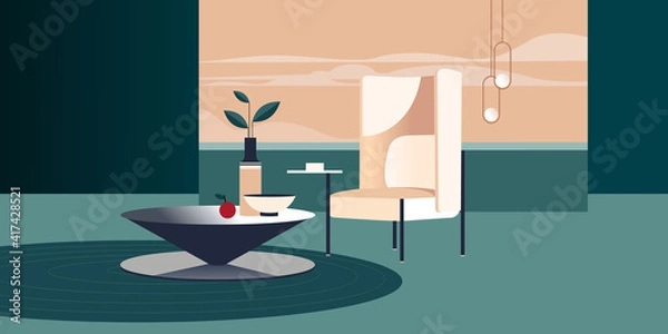 Fototapeta Abstract modern Interior with panoramic window. Vector mockup for background a layout landing page or design advertising banner or booklet. Contemporary architecture illustration.