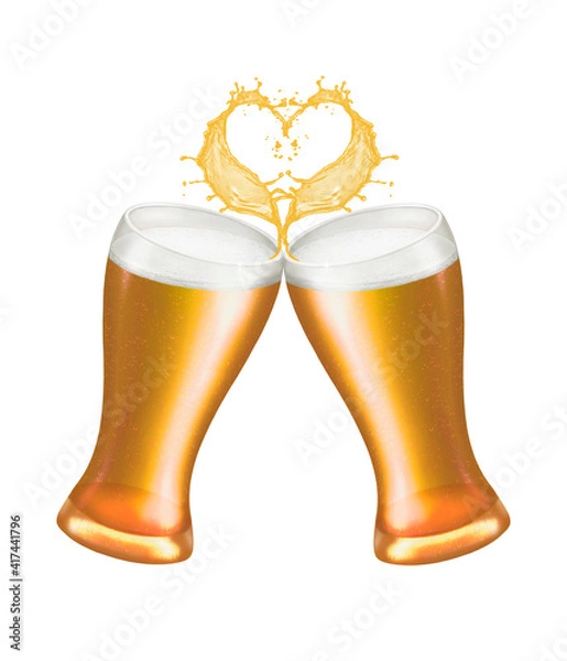 Fototapeta painted two glasses of beer with a heart above them on a white background