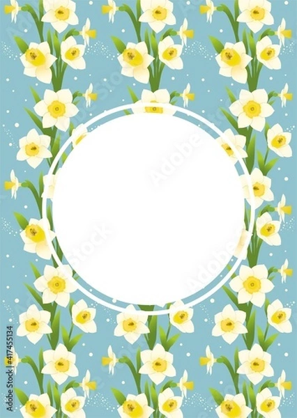 Fototapeta White circle frame on a background of flowers daffodils